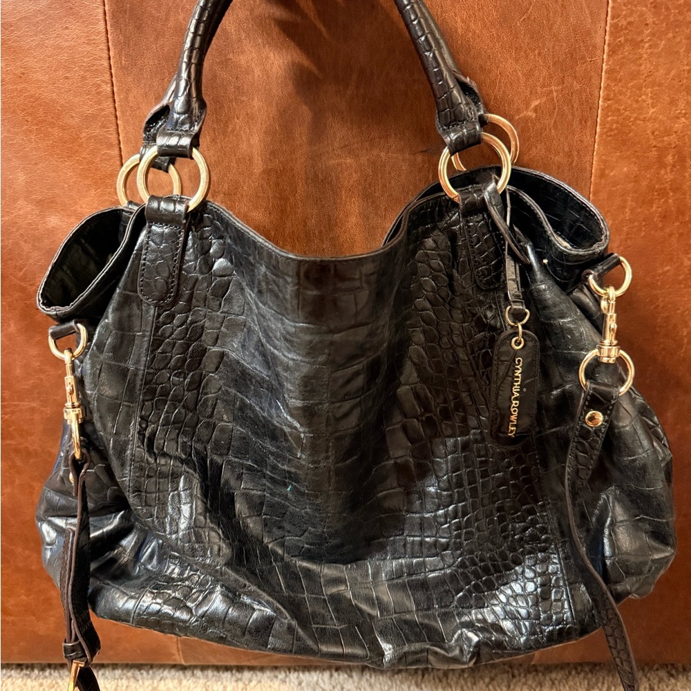 Y2K -90s Cynthia Rowley Black Croc-Embossed Leather Bag